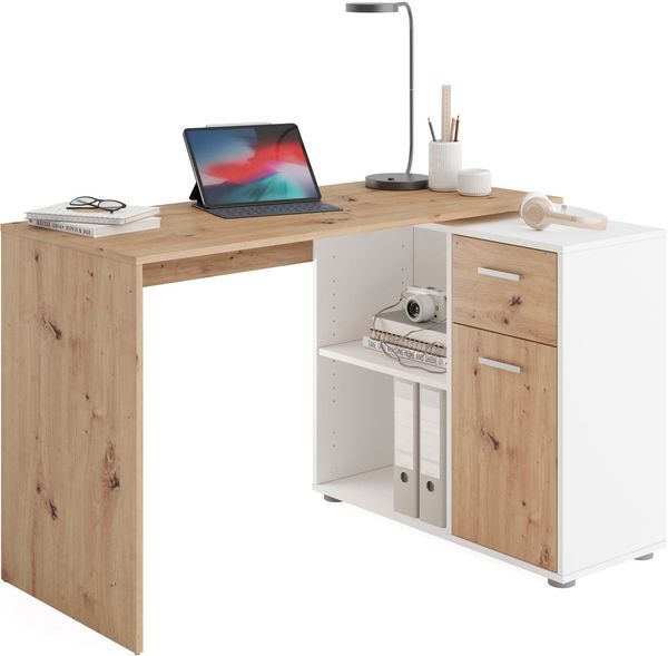FMD Eckschreibtisch AUGSBURG, Schreibtisch/Sideboard m. Stauraum, beidseitig montierb, 117/148 cm