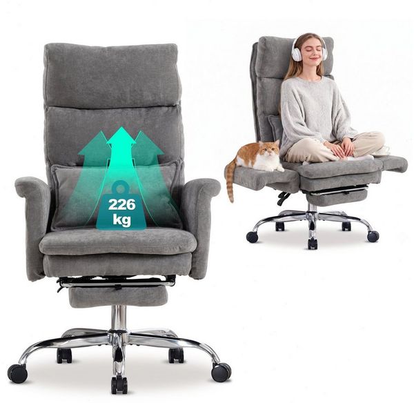 UEV Bürostuhl Ergonomisch mit Fußstütze Verstellbarer Kopfstütze (mit klappbare Armlehnen, verstellbarer Kopfstütze bis 226kg), Verstellbare Kopfstütze bis 90°, Verstellbare Rückenlehne bis 150°
