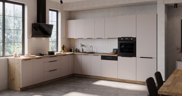 Winkelküche SOLANO 290x350 cm Küchenzeile Eckküche Einbauküche Küche Kaschmir beige matt + Eiche Artisan matt