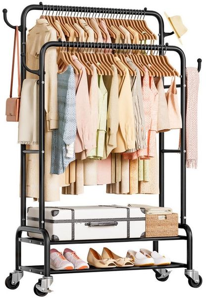 Yorbay Kleiderständer Doppelstange Garderobenständer auf Rollen, mit 2 Ablage, Schwarz, Groß Clothes Rack aus Metall bis 120 kg Belastbar, 90 cm Breit