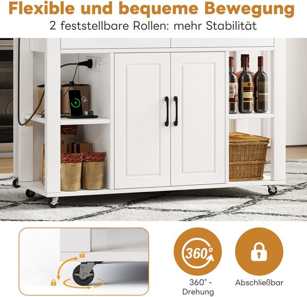 Merax 120 cm Kücheninsel mit Bartheke und Steckdosen, mit 2 Schubladen und 2 Schranktüren mit Türregalen, weiß Bild 7