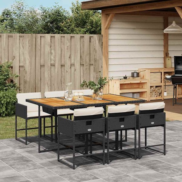 vidaXL 7-tlg. Garten-Essgruppe mit Kissen Schwarz Poly Rattan 3211275