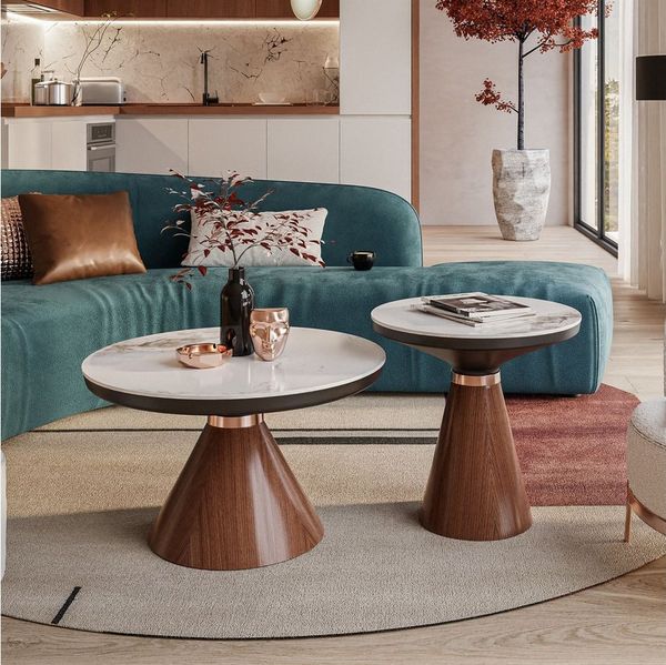 Lookway Couchtisch Giselle II 2-in-1 Couchtisch Set mit Hochglanz-Marmorplatte (2er Set), Durchmesser: ⌀70 cm und ⌀50cm