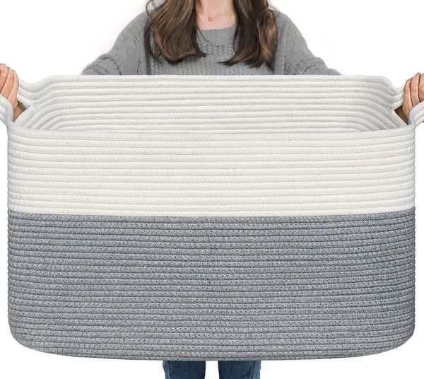 TIMEYARD Wäschekorb, Wäschesammler, Aufbewahrungskorb, Faltbarer Wäschekorb, Square Laundry Baskets, Aufbewahrungskorb Kinder für Spielzeug, 65L, Weiß und Grau