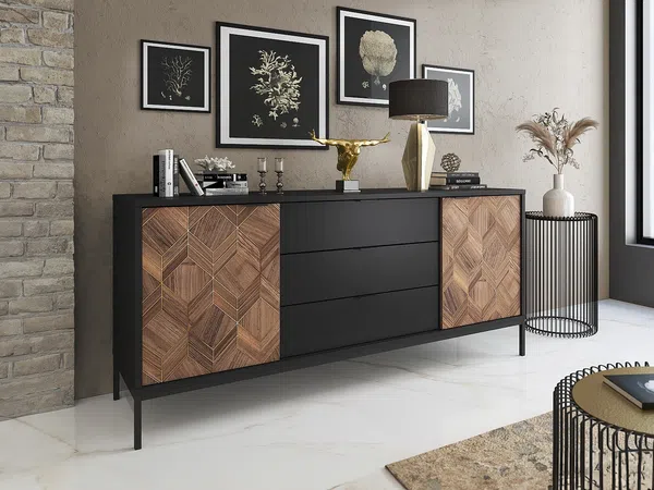 Vente-unique - MIALINE Sideboard Holz, Platte SchwarzBraun - B 49 cm x H 83 cm x L 185 cm