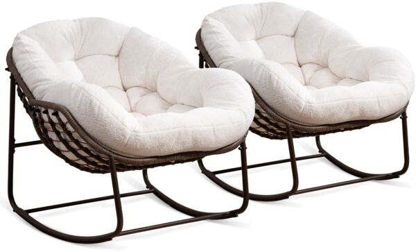 LVHOM Schaukelstuhl mit gepolstertem Kissen, Rattanstuhl mit Stahlrahmen, Lounge Sessel, Schaukelsessel, 2 St, für Balkon/Garten/Wohnzimmer/Schlafzimmer