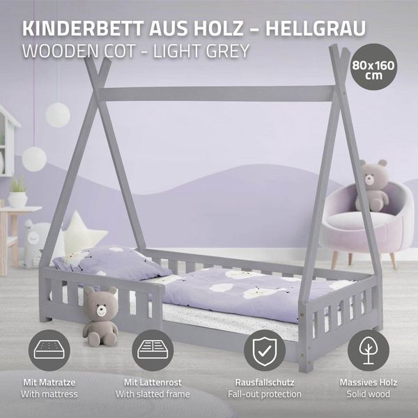 ML-DESIGN Spielbett Hausbett Tipi Zeltbett inkl. Lattenrost Bodenbett Kinder Himmelbett, Abenteuerbett mit Rausfallschutz Zelt Bett Kiefer Grau Kinderhaus Bild 2
