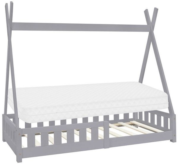 ML-DESIGN Spielbett Hausbett Tipi Zeltbett inkl. Lattenrost Bodenbett Kinder Himmelbett, Abenteuerbett mit Rausfallschutz Zelt Bett Kiefer Grau Kinderhaus