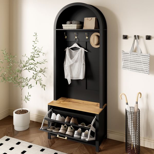 Garderobenschrank mit Haken und Schuhfach, Flurgarderobe 195 cm hoch, MDF Flurmöbel, kompakte Aufbewahrung