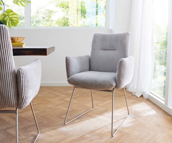 Esszimmerstuhl Jova-Flex mit Armlehnen Cord Silbergrau Kufengestell Edelstahl Taschenfederkern