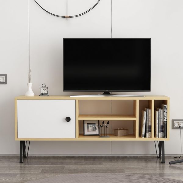 Hanah Home Stylish TV Unit, Oak & White, 120 x 25 x 51.6 cm | 100% Melamine Coated Particle Board, 18 mm Thick | Wall-Mountable with Multiple Shelves, Modern Design
