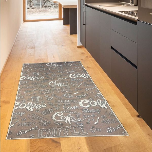 TeppichHome24 Teppich Waschbarer Küchen-Teppich mit „Coffee“ Schriftzug in weiß, rechteckig, Höhe: 5 mm