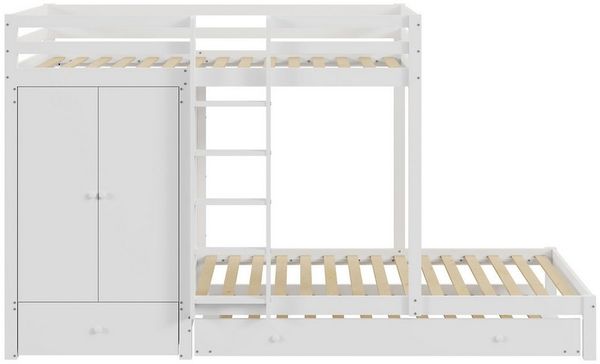 IDEASY Etagenbett aus Massivholz 90*200 mit Ausziehbett, multifunktionales, (Kinderbett mit Kleiderschrank,weiß,Kleiderschrank), Mit 1 Schublade und 4 Ebenen mit Staufächern