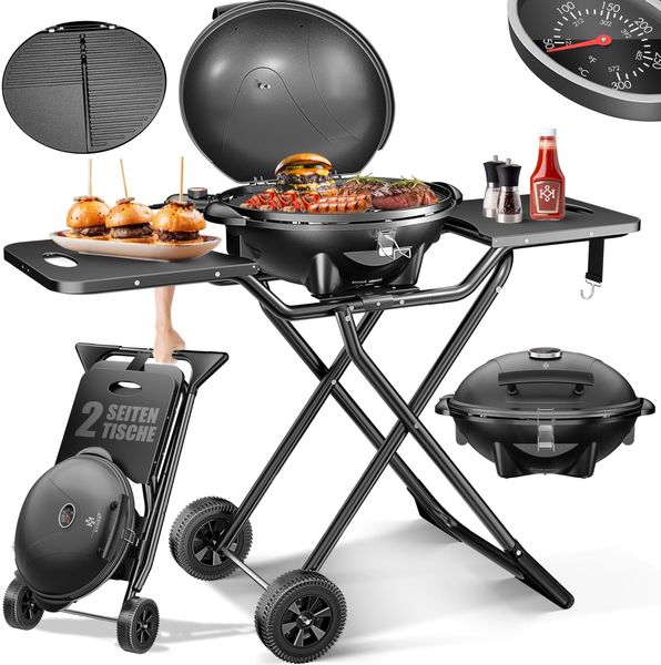 KESSER® elektrischer Elektrogrill 2in1 Tischgrill - Standgrill mit Deckel und Standfuß | max. 2400 Watt | Faltbar | Thermometer | Antihaftbeschichtung | Grillplatte Abstelltische | 2 Räder | Schwarz