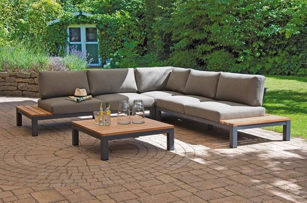 Sonnenpartner Eckmodul Equila 2-Sitzer links anthrazit / Teak, inkl. Kissen