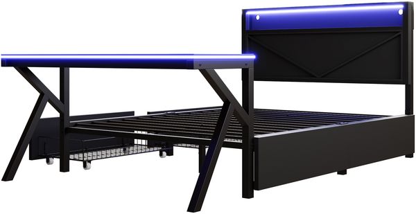140x200 cm großes Gaming-Plattformbett aus Metall mit LED-Kopfteil, LED-Schreibtisch und zwei Schubladen, Schwarz Bild 7