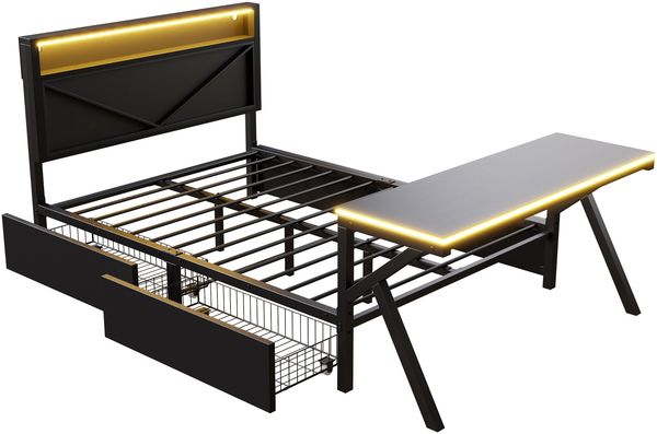 140x200 cm großes Gaming-Plattformbett aus Metall mit LED-Kopfteil, LED-Schreibtisch und zwei Schubladen, Schwarz Bild 8