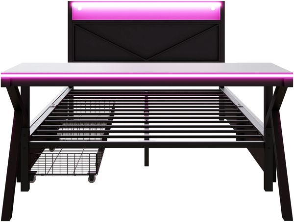 140x200 cm großes Gaming-Plattformbett aus Metall mit LED-Kopfteil, LED-Schreibtisch und zwei Schubladen, Schwarz Bild 9