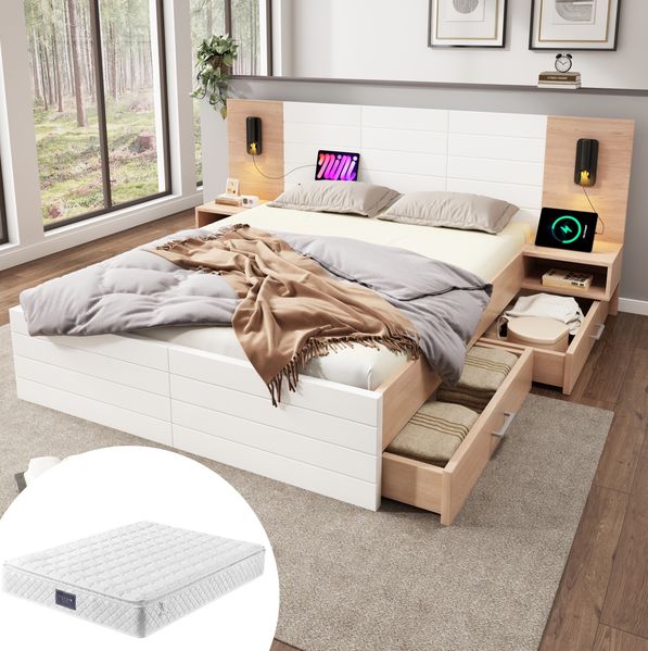 Doppelbett Komplettset 160x200 cm mit USB-Kopfteil, Matratze & Nachttischen, Eiche/Weiß