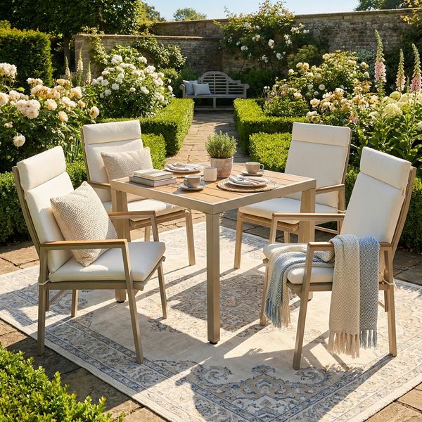 Merax Garten-Essgruppe, Gartenmöbel-Set, Geeignet für 4 Personen, bestehend aus 1 Tisch und 4 Stühlen, verzinktes Eisen, Tischplatte aus Kunststoffholz, Khaki + Beige