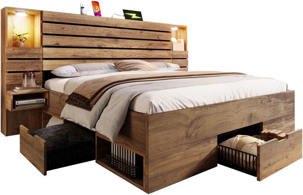 Eichenoptik Doppelbett 180x200 cm mit Touch LED-Downlights, USB & Type-C Ladeanschlüssen, beleuchteter Nische, schwebenden Nachttischen und 3 Unterbett-Schubladen, stabiles Metall-MDF Bettgestell ohne Matratze