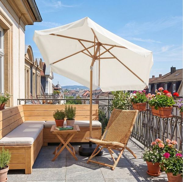 Sekey Balkonschirm Ø 200 cm Sonnenschirm Holzoptik Gartenschirm für Terrasse und Hof, LxB: 200,00x220,00 cm, Stabiler Sonnenschirm knickbar, UV Schutz 50+