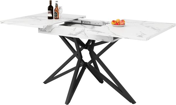 Ausziehbarer Esstisch, ausziehbarer Küchentisch, Frühstückstisch, sternförmige Tischbeine, Eisenbeine, Walnussholz/Marmorimitat, Schwarz, 120 (160) x 80 cm Bild 5