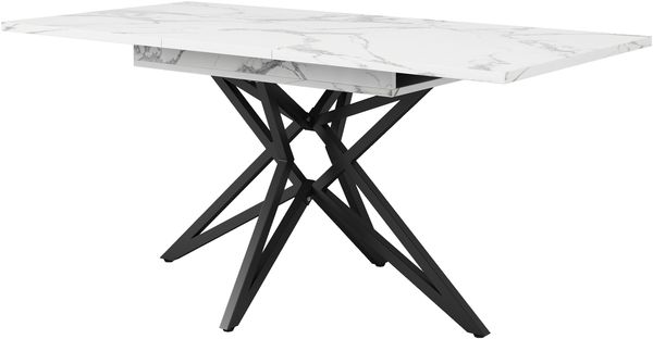 Ausziehbarer Esstisch, ausziehbarer Küchentisch, Frühstückstisch, sternförmige Tischbeine, Eisenbeine, Walnussholz/Marmorimitat, Schwarz, 120 (160) x 80 cm Bild 6