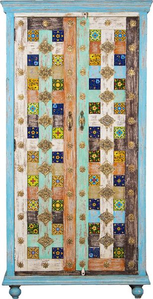 DRW Schrank mit 2 Holztüren dekoriert mit quadratischen Metallbeschlägen mit Mehreren Farben 100 x 45 x 195 cm, Metall Holz, bunt, Grande