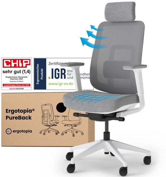 Ergotopia 'PureBack' ergonomischer Bürostuhl mit Lordosenstütze & 4D-Armlehne, Grau, mit Kopfstütze