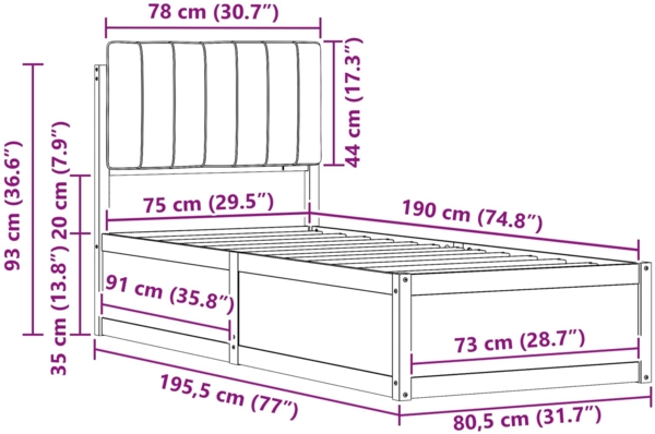 vidaXL Bettgestell mit gepolstertem Kopfteil Hellgrau 75x190 cm 877809 Bild 10