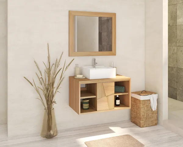 Vente-unique - SUMBAWA Waschbeckenmöbel Holz, Platte Beige - B 50 cm x H 45 cm x L 80 cm