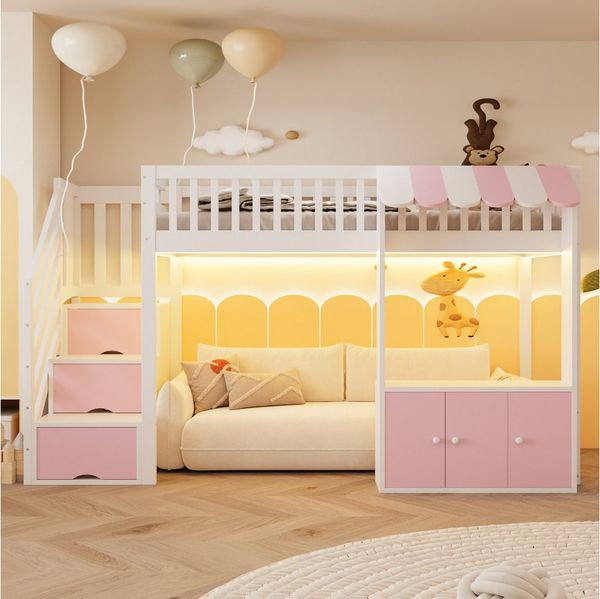 Flieks Hochbett Kinderbett Laden-Design 90×200cm mit Schrank und Stauraumtreppe