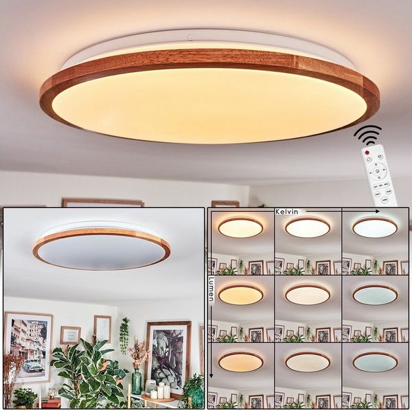 hofstein Deckenleuchte Deckenlampe aus Metall/Holz/Kunststoff in Weiß/Naturfarben, ohne Leuchtmittel, mit Fernebdienung, CCT einstellbar