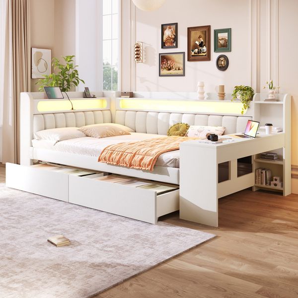 Stauraumbett mit gepolstertem Kopfteil, Schreibtisch und LED-Beleuchtung (140x200cm, Lattenrost, Regal, Schubladen, USB und Type-C), Doppelbett