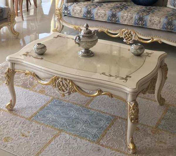 Casa Padrino Luxus Barock Couchtisch Weiß / Gold 118 x 87 x H. 50 cm - Massivholz Wohnzimmertisch - Möbel im Barockstil