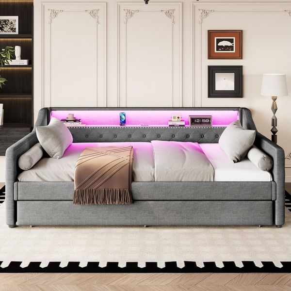Merax Daybett Sofabett Schlafsofa mit LED-Beleuchtung & USB-Ladebuchse (Einzelbett/Doppelbett mit Regal, 1 tlg), Polsterbett Tagesbett 90x200cm mit Ausziehbett 90x190cm, Leinenstoff
