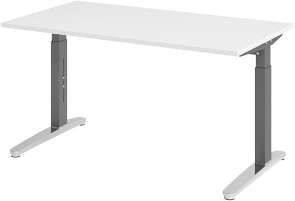 bümö manuell höhenverstellbarer Schreibtisch 140x80 in weiß, Gestell in graphit/alu - PC Tisch höhenverstellbar & klein, höhenverstellbarer Tisch Büro, kleiner Computertisch verstellbar, X14-W-GC
