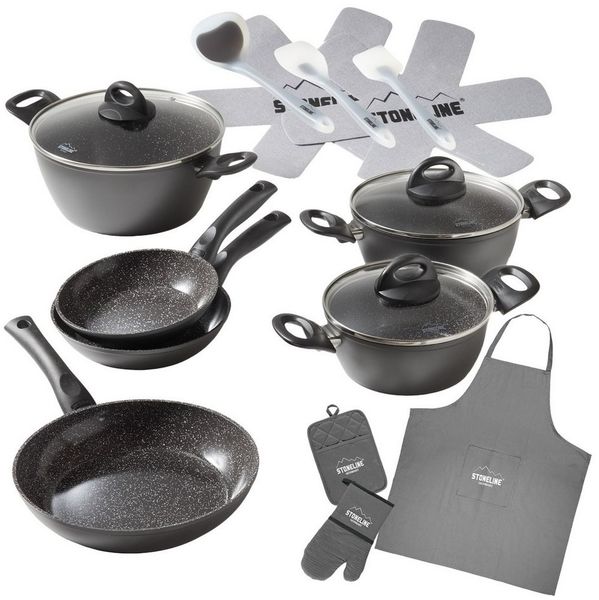 STONELINE Topf-Set STONELINE® 17-teiliges Koch-Set, mit Glasdeckeln, Keramik, Aluminium (Set, 17-tlg), mit echten Steinpartikeln, induktionsgeeignet
