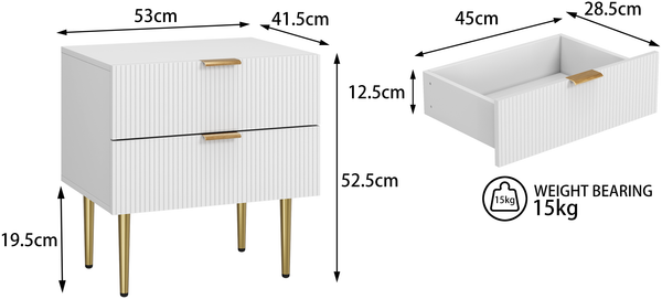 Nachttisch B 53 x T 41,5 x H 52.5 cm aus MDF/Spanplatte in Weiß mit 2 Schubladen & Metallbeinen Bild 4