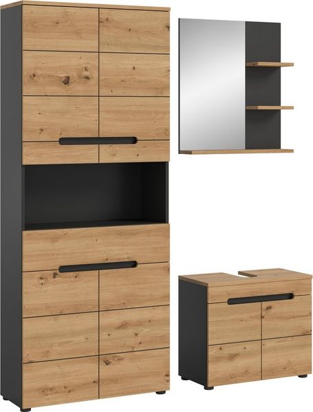 welltime Badmöbel-Set REHAT, 3-teilig, Breite 154 cm, mit grifflosen Fronten, bestehend aus:, (3-St), 1x Hochschrank, 1x Waschbeckenunterschrank & 1x Badspiegel