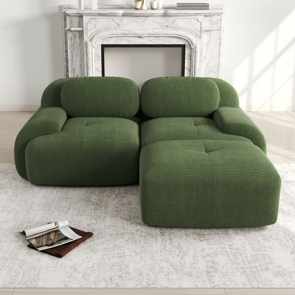 Ecksofa aus weichem Cordstoff,modular kombinierbar mit gebogenen Armlehnen ohne Montage hochelastische Schaumstoffpolsterung für Wohnzimmer Ruhezonen und Schlafzimmer,Cordstoff,Green,