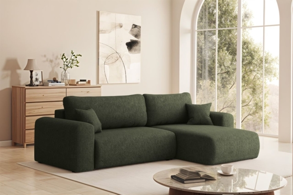 Ecksofa Schlafsofa FLORA Stoff Verita Dunkelgrün Ottomane Rechts