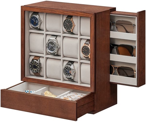 SONGMICS Uhrenbox 12 Fächer, Uhrenkasten mit Fenster, Uhren-Präsentation, Massivholzfurnier, Samtfutter, vertikale Aufbewahrung, platzsparend, Geschenkidee, kaffeebraun JOWDE014K01