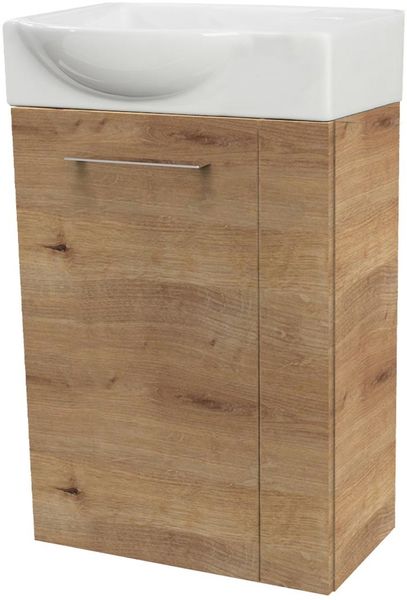 FACKELMANN SBC MILANO Gäste WC Waschtisch Set 45 cm breit, Braun hell, Waschbecken Keramik Weiß, Türanschlag links