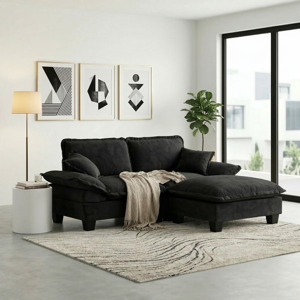 Ecksofa aus Chenille 194x155x90 cm mit Ottomanen-Modul, schwarz
