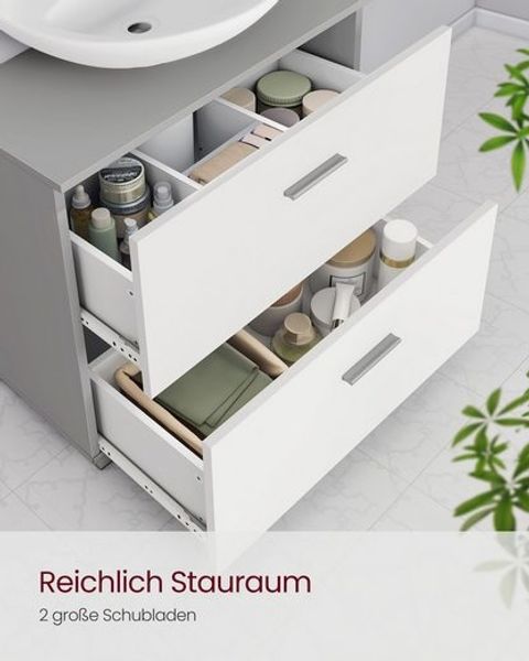 VASAGLE Unterschrank mit Schubladen, Badschrank mit hohen Füßen, Aufbewahrungsschrank, 60 x 30 x 63,8 cm, grau-weiß