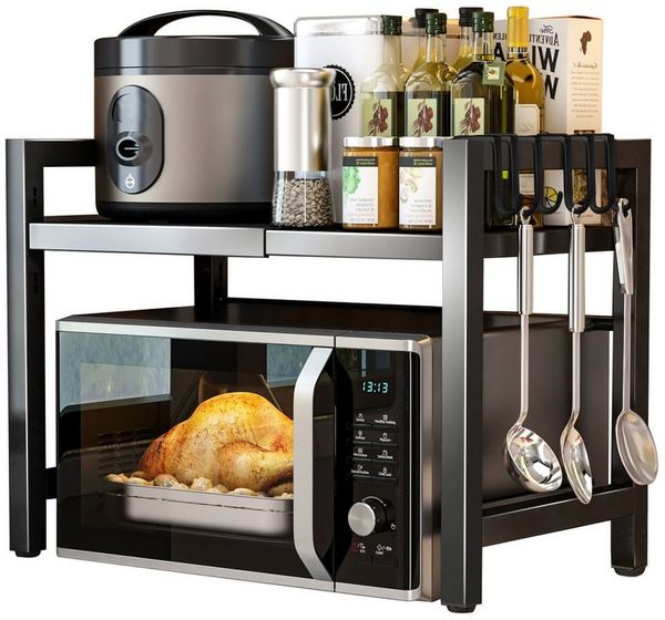 Refined Living Standregal Verstellbares Mikrowellenregal 40–60 cm, mit 6 Haken,Ablageregal Küche, ausziehbares Küchenregal, Höhenverstellbarer Mikrowellen- & Toasterständer, platzsparender Arbeitsplatten-Organizer, belastbarer Küchenaufbewahrungsstände...