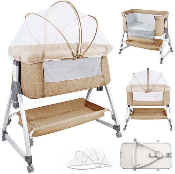 JEOBEST Beistellbett 3 in 1 Babybett, Schaukelmodus, mit atmungsaktivem Netz und Laken, mit Rollen Kinderbett, 6-Fach Höhenverstellung, Moskitonetz, Lagerung