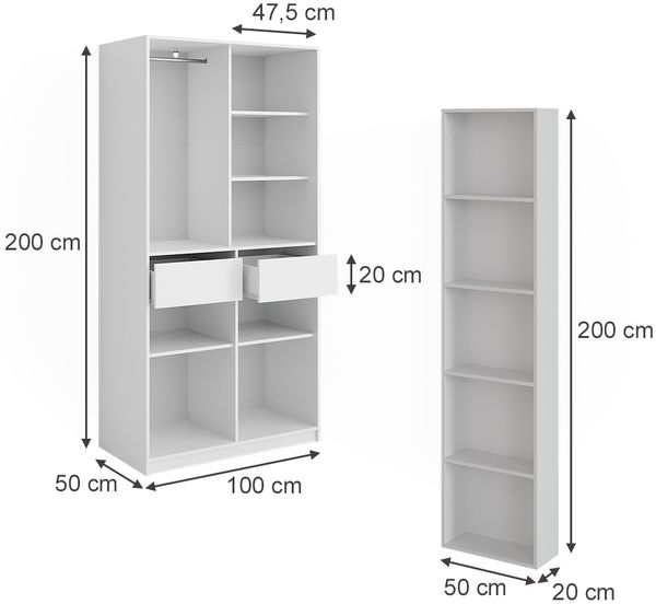 Kleiderschrank Elmo Weiß 50 x 200 cm 2er Set Vicco Bild 2